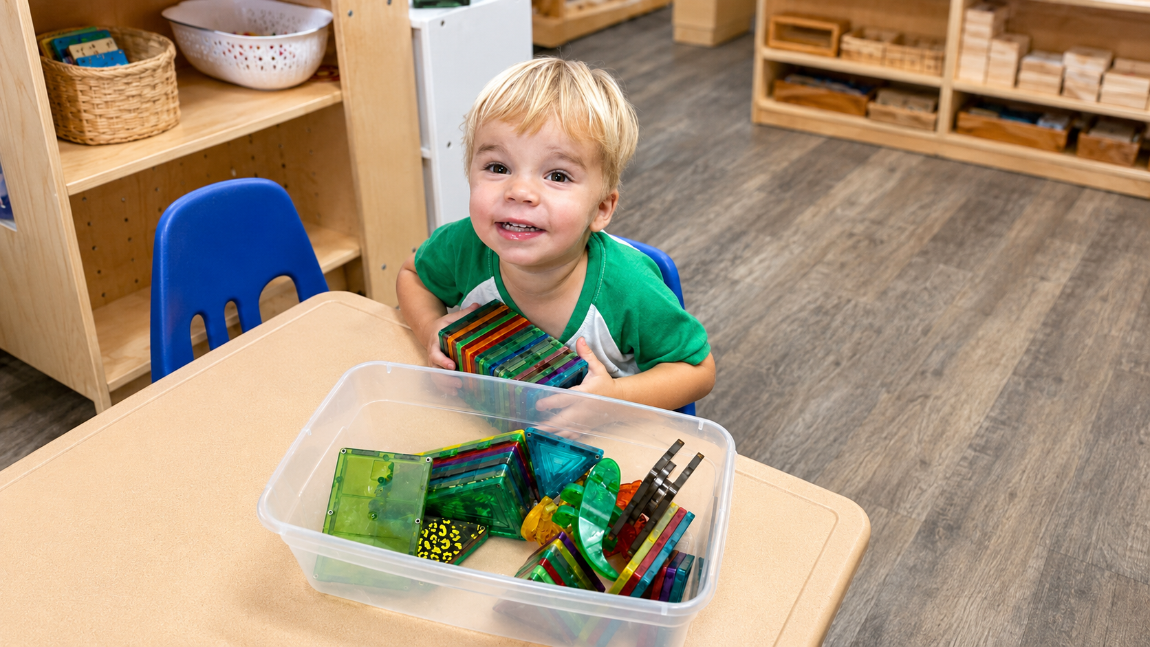 Toddler proudly holding a stack of translucent magnetic building tiles