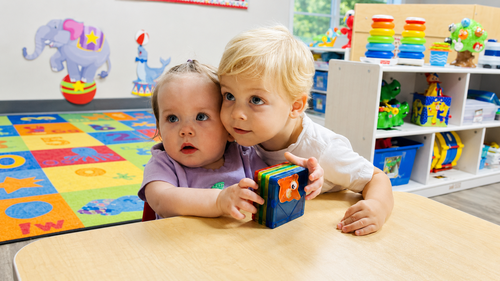 Two toddlers sharing colorful magnetic tiles at a classroom building table